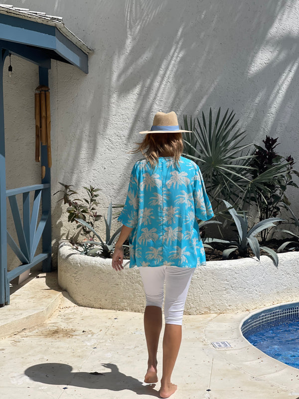 Summer Smock Top - Blue Palm Tree with  2 Pockets