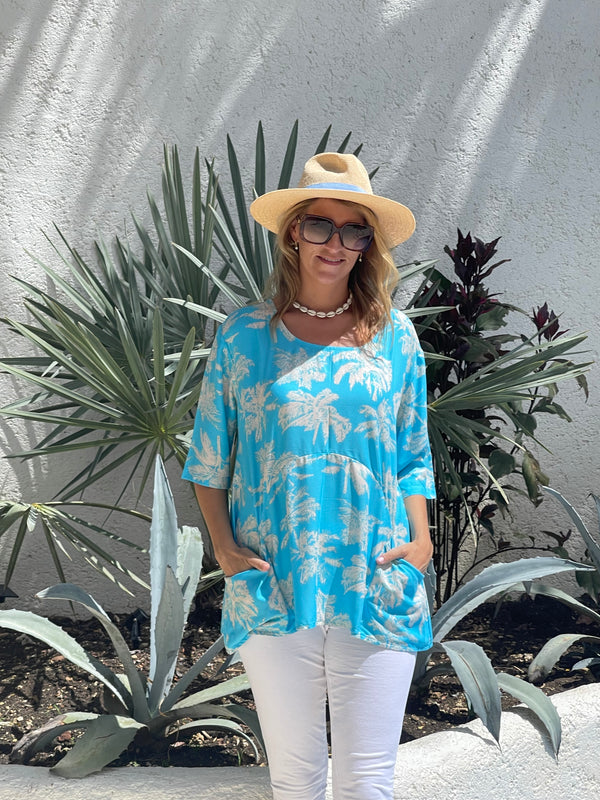 Summer Smock Top - Blue Palm Tree with  2 Pockets
