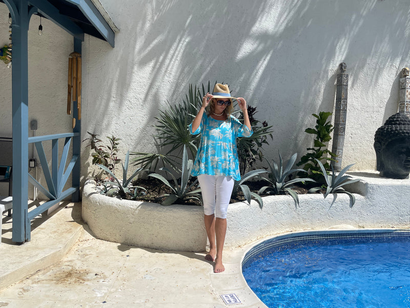Summer Smock Top - Blue Palm Tree with  2 Pockets