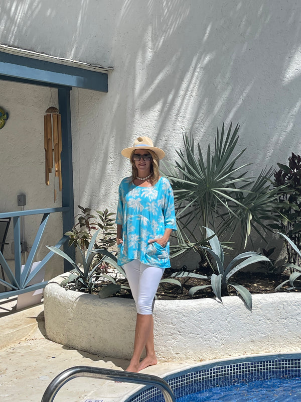 Summer Smock Top - Blue Palm Tree with  2 Pockets