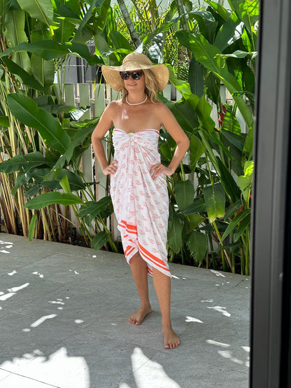 voile coral and white sarong with fish design on white voile