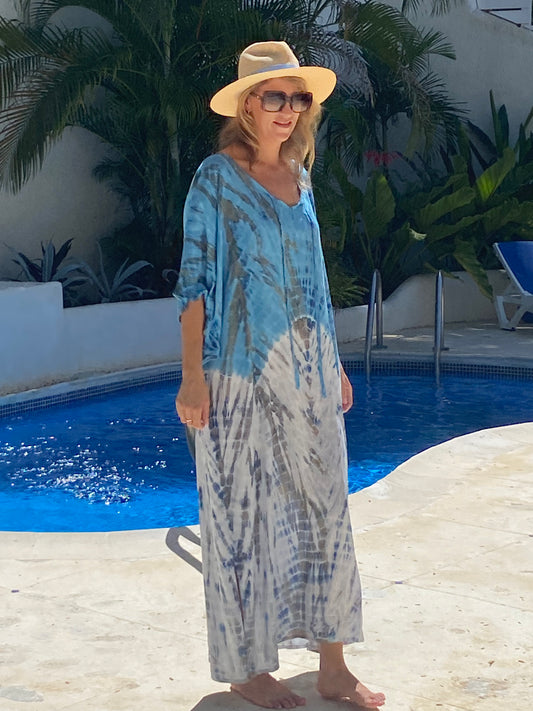 Kaftan Maxi One Size - Blue and white tye dye one size