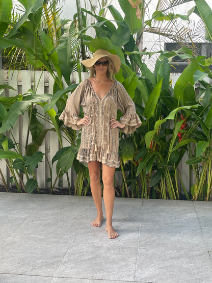sequin dress(Ibiza) - Mink and cream  tye dye with gold stitching and sequins