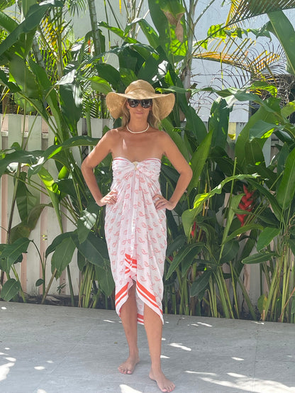 voile coral and white sarong with fish design on white voile