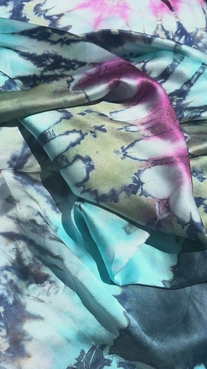 Tye dye  turquoise and fuschia  pure SILK sarong  'Azure bloom- 'Limited Edition'