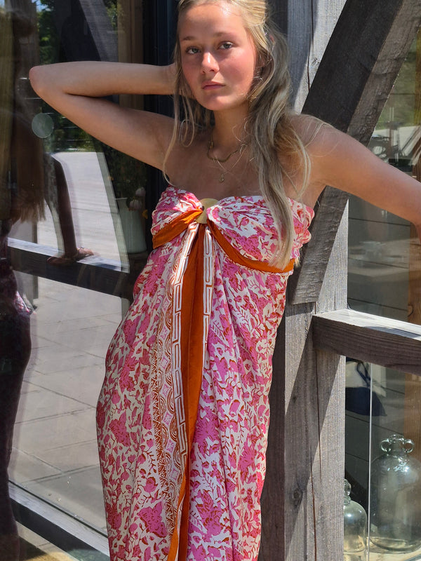 Pink and white with coral pure silk sarong 🪸