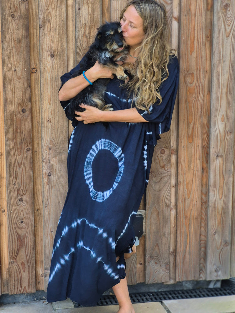 Kaftan maxi,one size, navy and blue loose and cool cover up in softest natural rayon