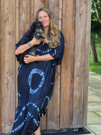 Kaftan maxi,one size, navy and blue loose and cool cover up in softest natural rayon