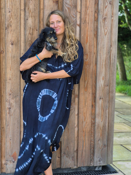 Kaftan maxi,one size, navy and blue loose and cool cover up in softest natural rayon