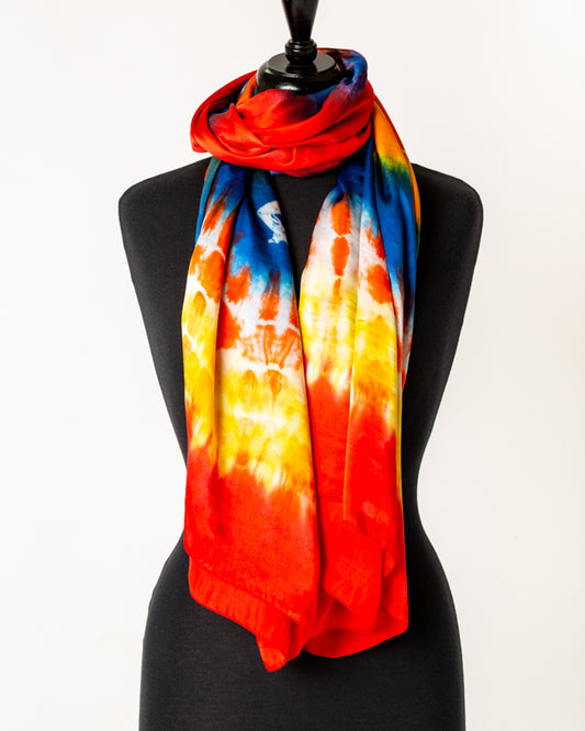 Tie -dye  Silk sarong/scarf Blue yellow  orange and red flamboyant