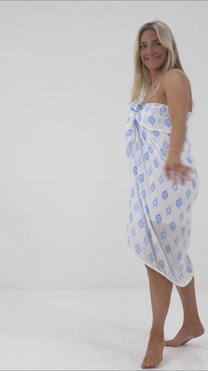 Boho -  Blue & white - voile with white  pom pom trim