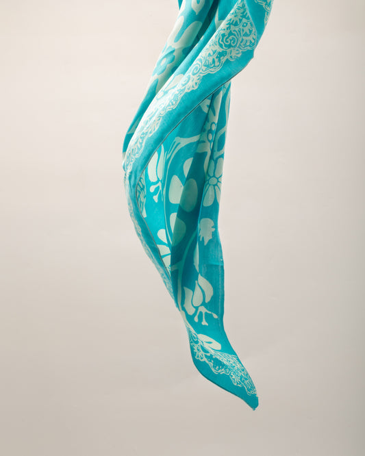 Botanical print turquoise silk sarong and scarf
