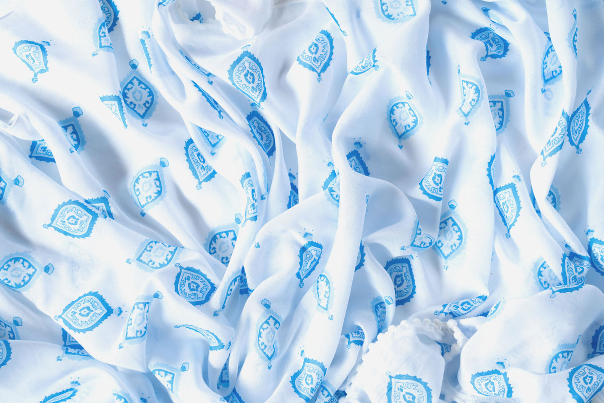 Boho -  Blue & white - voile with white  pom pom trim