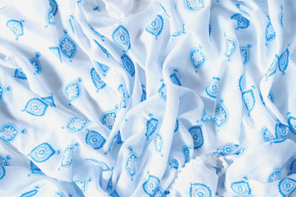 Boho -  Blue & white - voile with white  pom pom trim