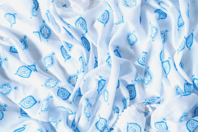 Boho -  Blue & white - voile with white  pom pom trim