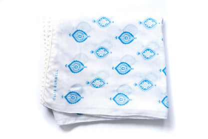 Boho -  Blue & white - voile with white  pom pom trim