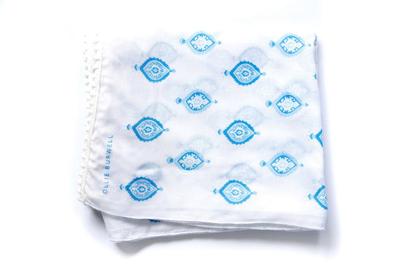 Boho -  Blue & white - voile with white  pom pom trim