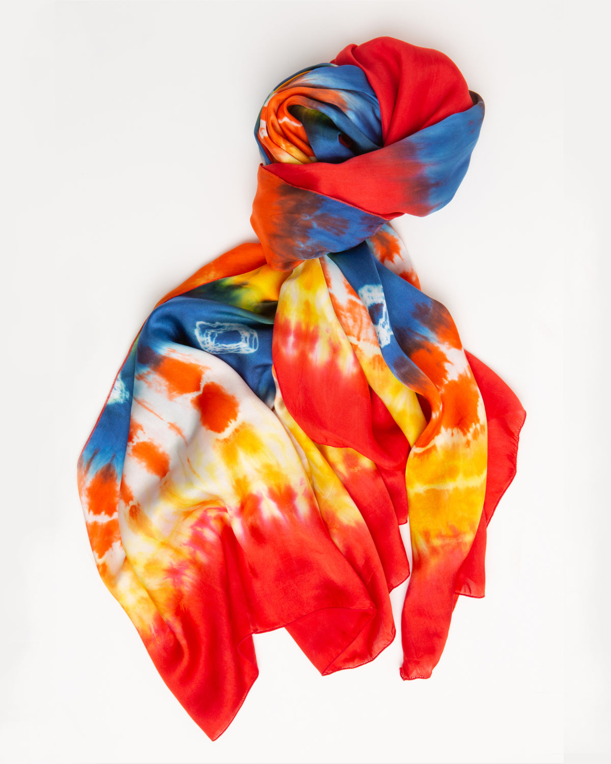 Tie -dye  Silk sarong/scarf Blue yellow  orange and red flamboyant