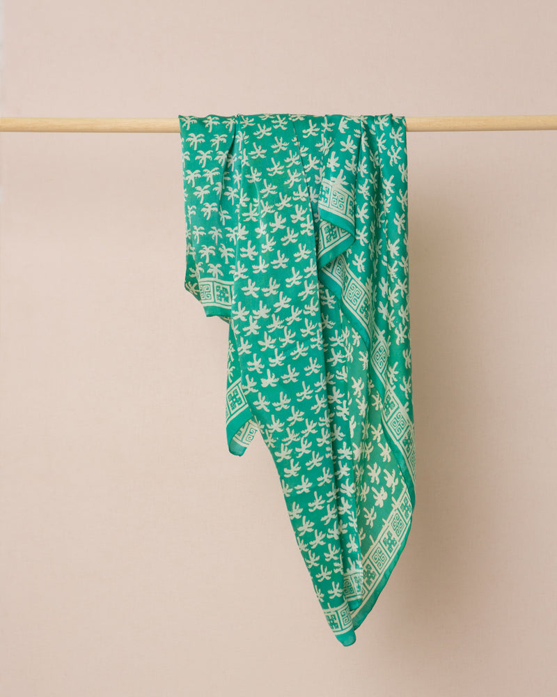Turquoise green palm print silk sarong and scarf